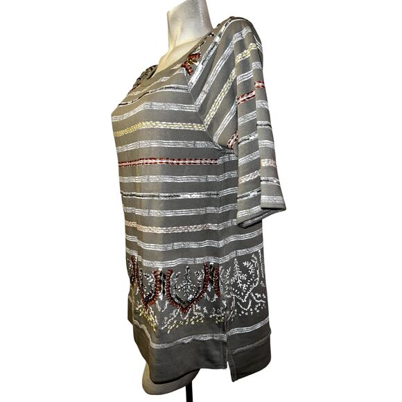 SOFT SURROUNDINGS Top Size M Taupe Striped Embroidered Beaded Artiste Tunic - Picture 6 of 8